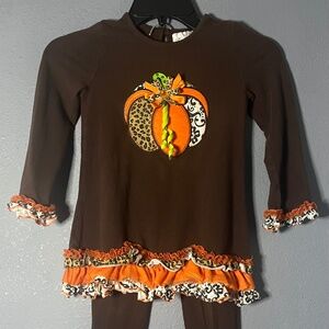 Rare Editions Embroidered Pumpkin Pant Set Girls Size 6 Fall Outfit Ruffles Lace